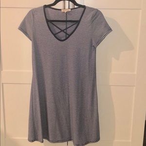 Navy and white striped crisscross front sundress